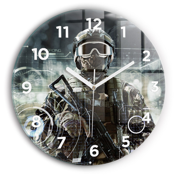 Round glass wall clock Soldier with a gun