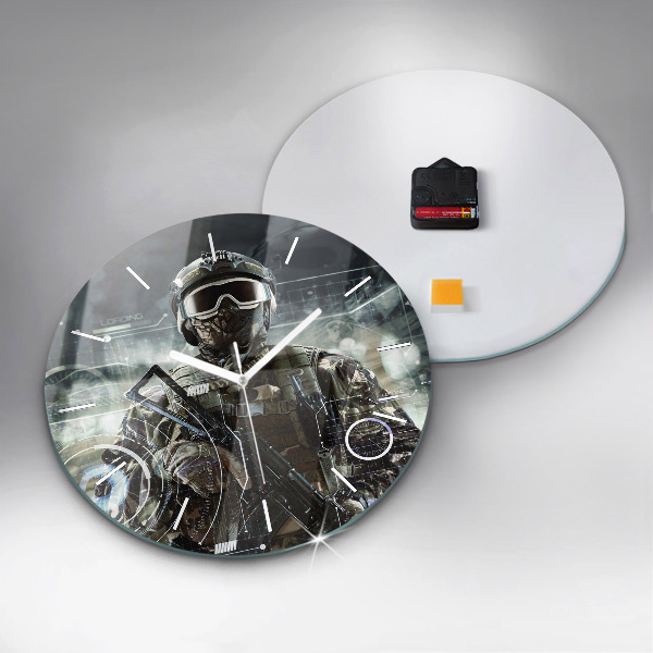 Round glass wall clock Soldier with a gun