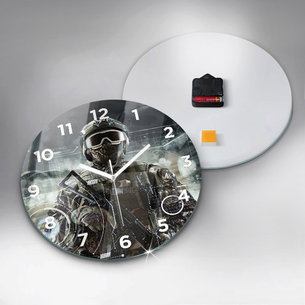 Round glass wall clock Soldier with a gun
