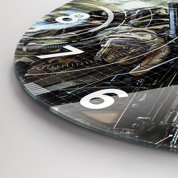Round glass wall clock Soldier with a gun