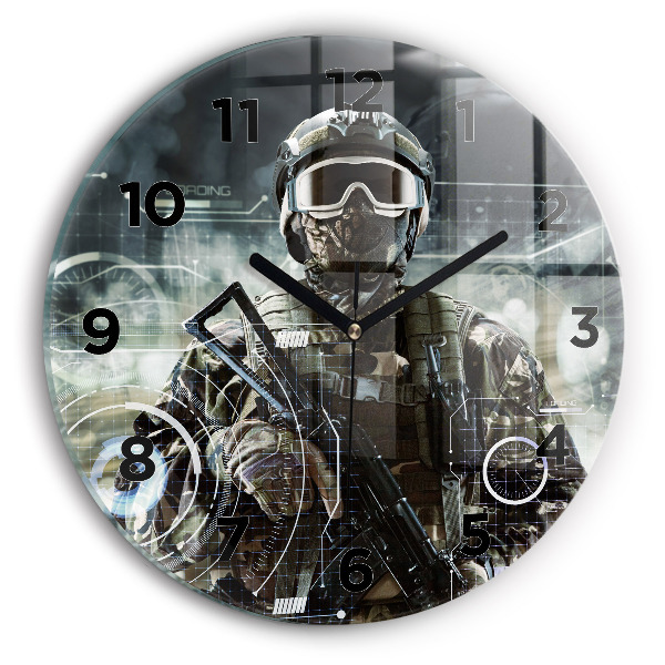 Round glass wall clock Soldier with a gun