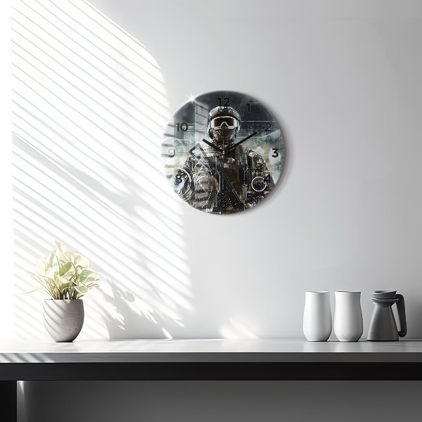 Round glass wall clock Soldier with a gun