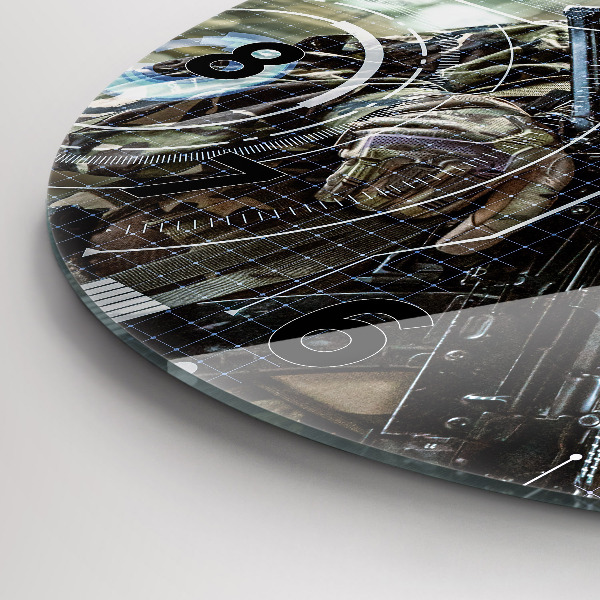 Round glass wall clock Soldier with a gun