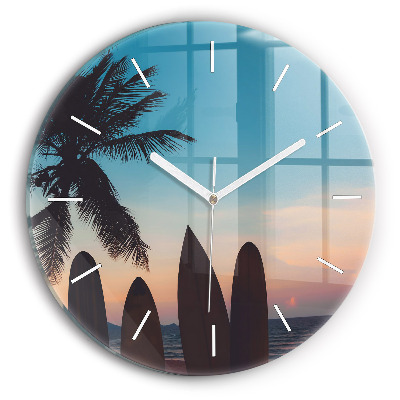 Round glass wall clock Surfing on the beach