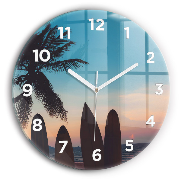 Round glass wall clock Surfing on the beach