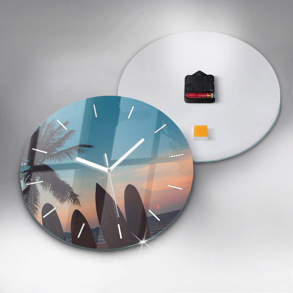 Round glass wall clock Surfing on the beach