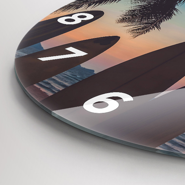 Round glass wall clock Surfing on the beach