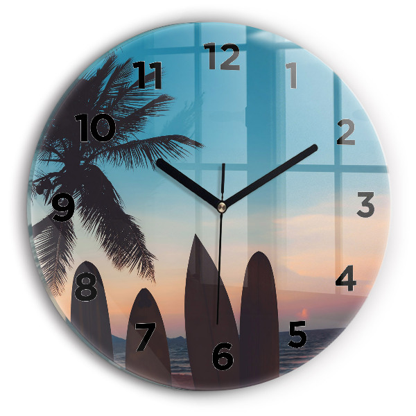 Round glass wall clock Surfing on the beach