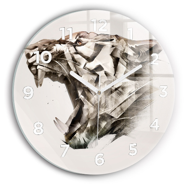 Round glass wall clock painted portrait of a tiger
