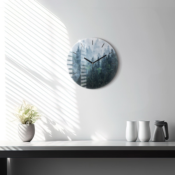 Round glass wall clock Misty Mountain Landscape
