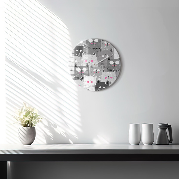 Round glass wall clock Pattern with cats