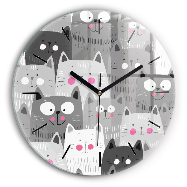 Round glass wall clock Pattern with cats
