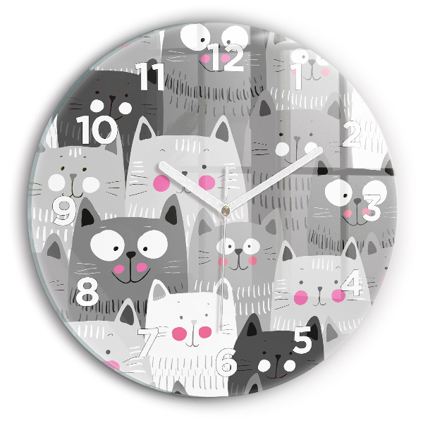 Round glass wall clock Pattern with cats