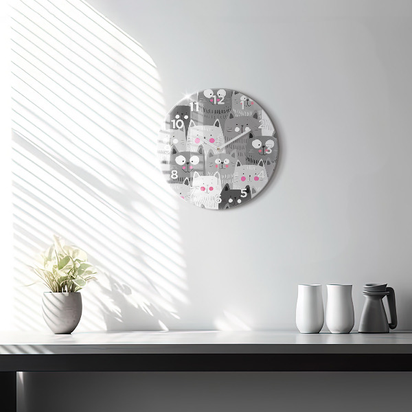 Round glass wall clock Pattern with cats