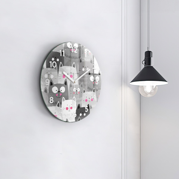 Round glass wall clock Pattern with cats