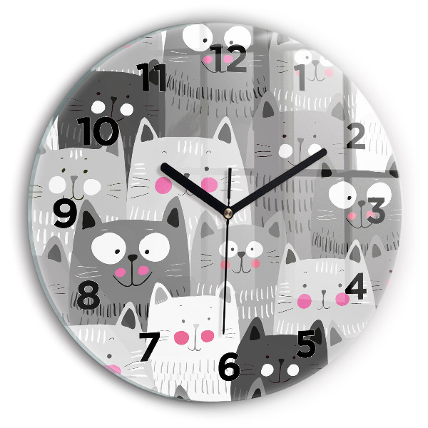 Round glass wall clock Pattern with cats