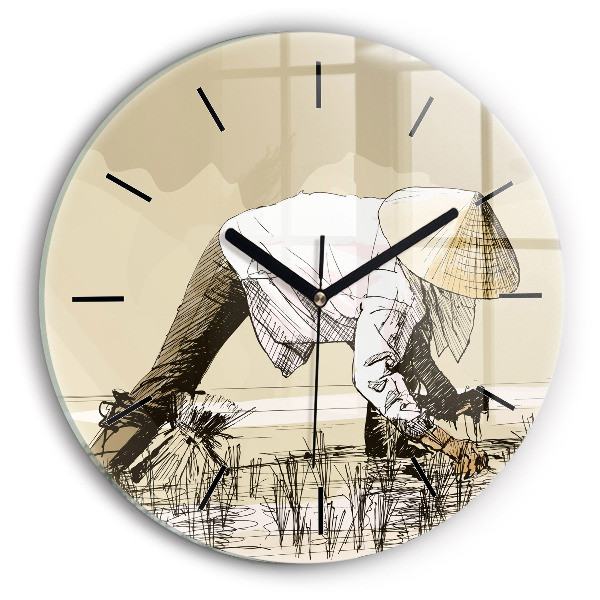 Round glass wall clock Woman picking rice