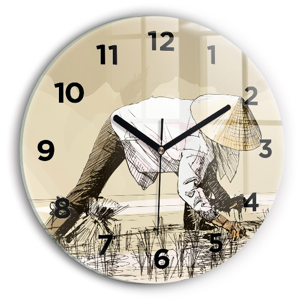 Round glass wall clock Woman picking rice