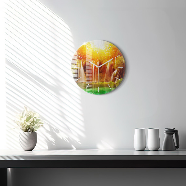 Round glass wall clock View of the waterfall