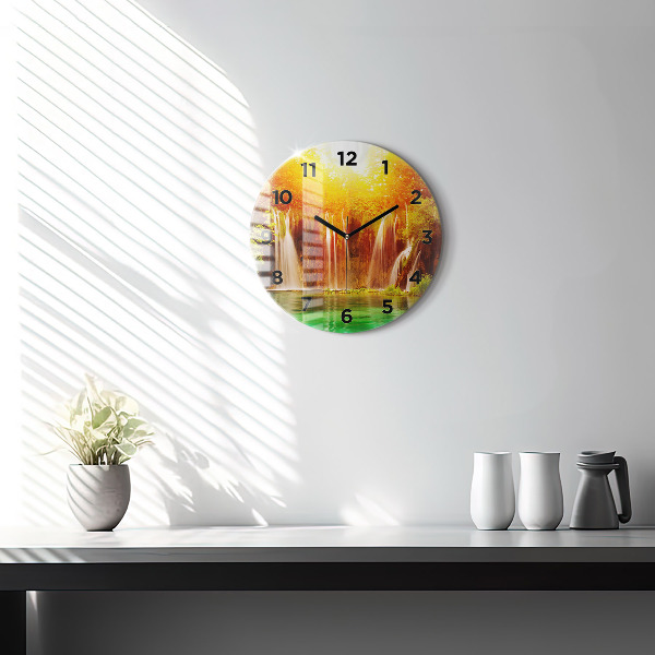 Round glass wall clock View of the waterfall