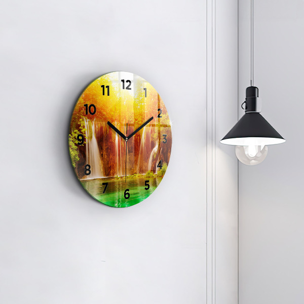 Round glass wall clock View of the waterfall