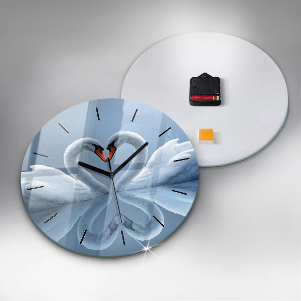 Round glass wall clock Swans in the heart