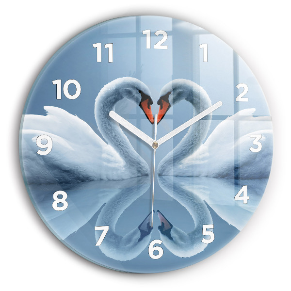 Round glass wall clock Swans in the heart