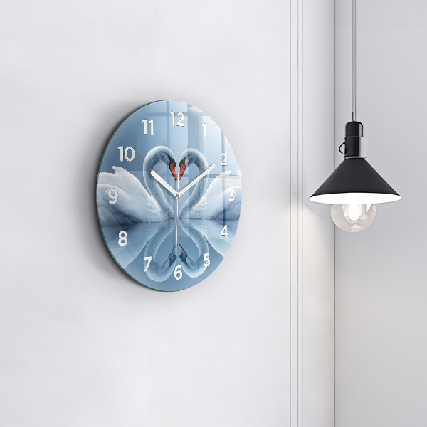 Round glass wall clock Swans in the heart