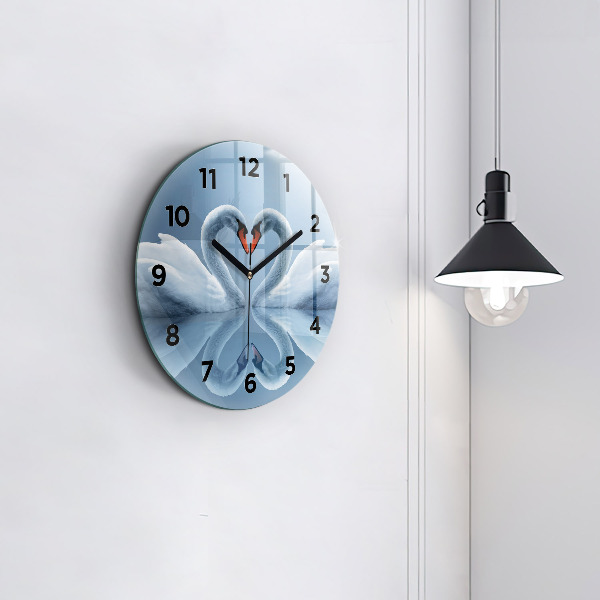Round glass wall clock Swans in the heart
