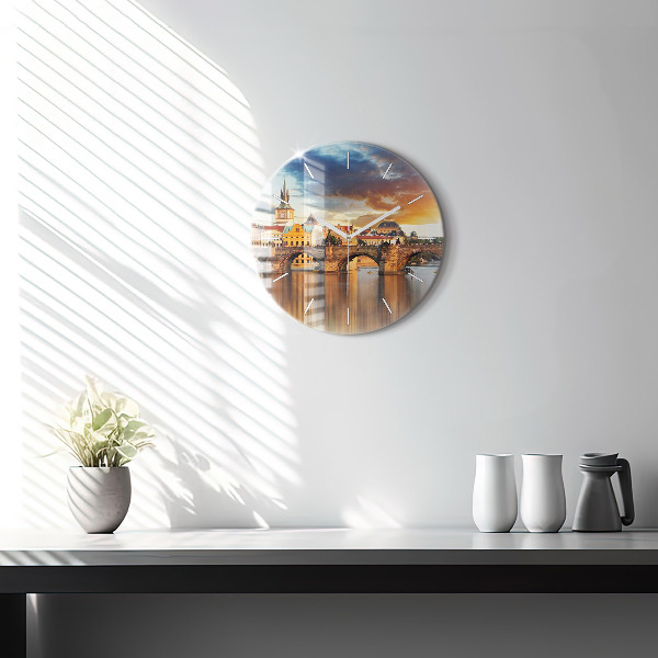 Round glass wall clock Panorama over the river
