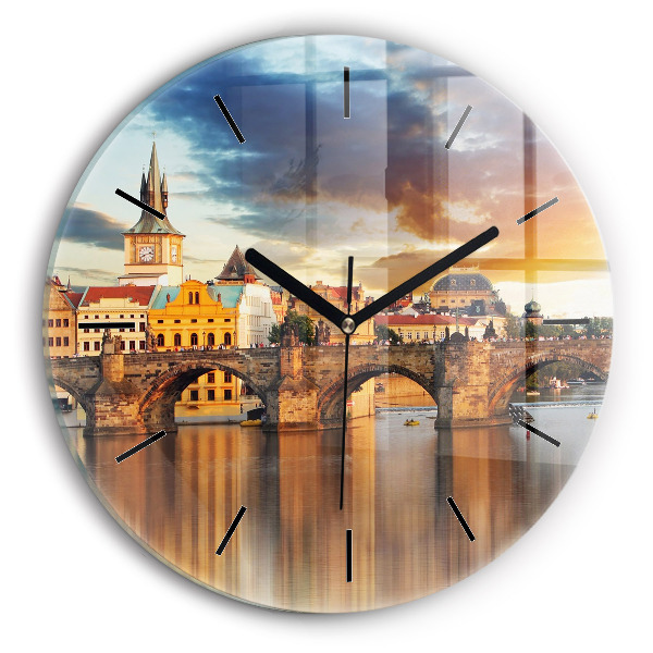 Round glass wall clock Panorama over the river