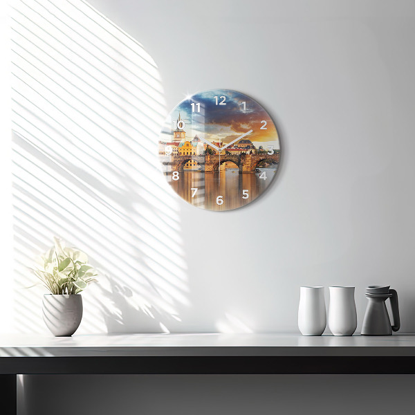 Round glass wall clock Panorama over the river