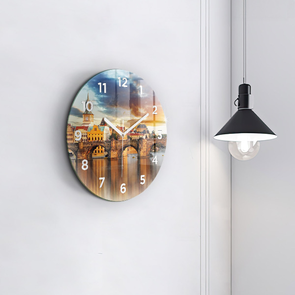 Round glass wall clock Panorama over the river