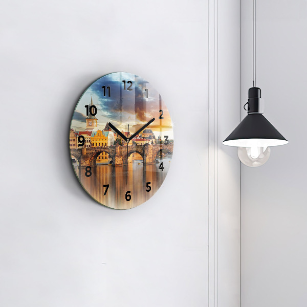 Round glass wall clock Panorama over the river