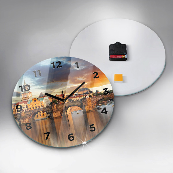 Round glass wall clock Panorama over the river