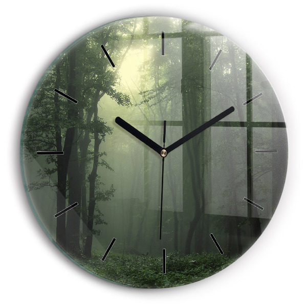 Round glass wall clock Misty forest in the morning