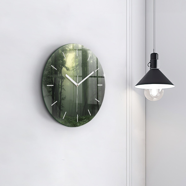 Round glass wall clock Misty forest in the morning