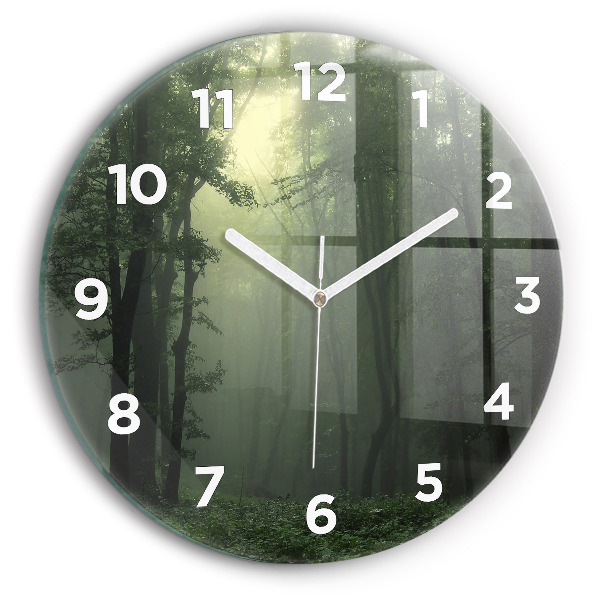 Round glass wall clock Misty forest in the morning
