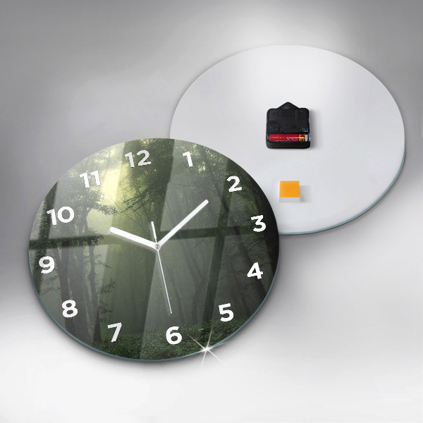 Round glass wall clock Misty forest in the morning