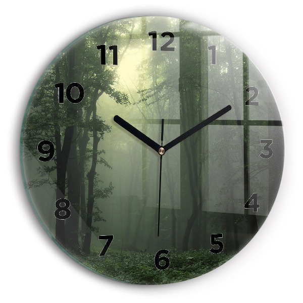 Round glass wall clock Misty forest in the morning