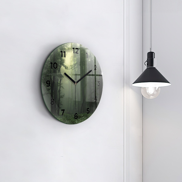 Round glass wall clock Misty forest in the morning