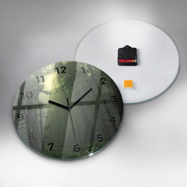 Round glass wall clock Misty forest in the morning
