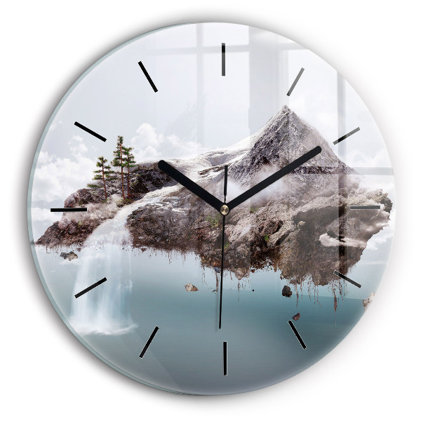 Round glass wall clock Flying Island and Waterfall
