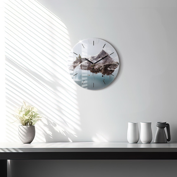 Round glass wall clock Flying Island and Waterfall