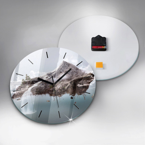 Round glass wall clock Flying Island and Waterfall
