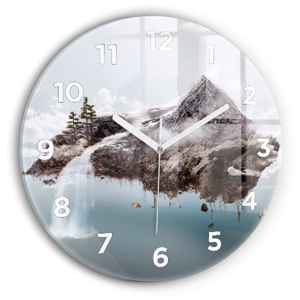 Round glass wall clock Flying Island and Waterfall