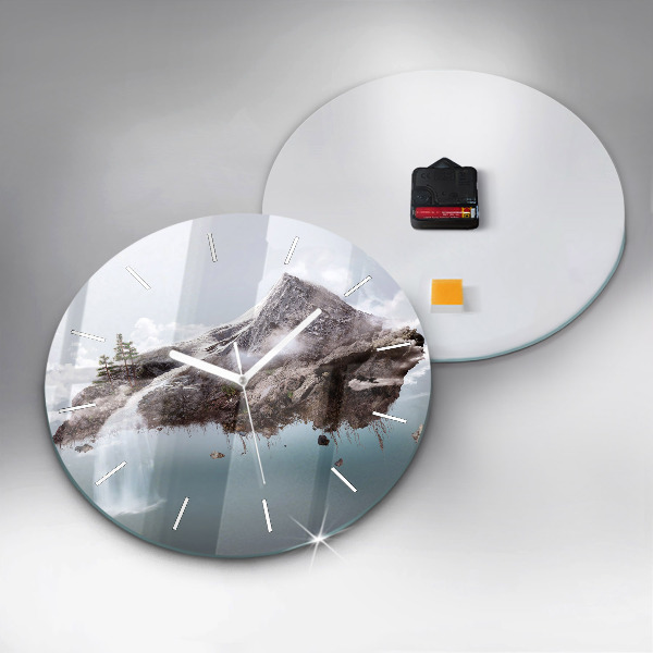 Round glass wall clock Flying Island and Waterfall