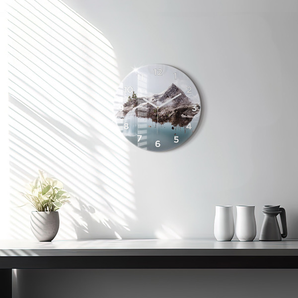 Round glass wall clock Flying Island and Waterfall