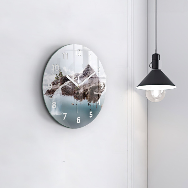 Round glass wall clock Flying Island and Waterfall