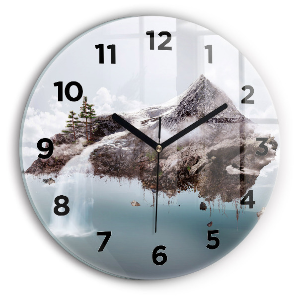 Round glass wall clock Flying Island and Waterfall
